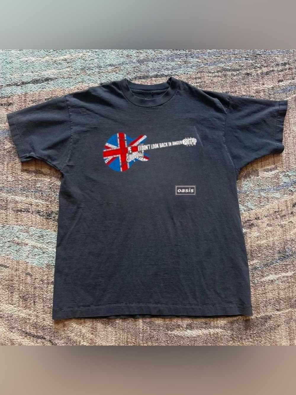 Oasis Black Tee with Union Jack Guitar Graphic